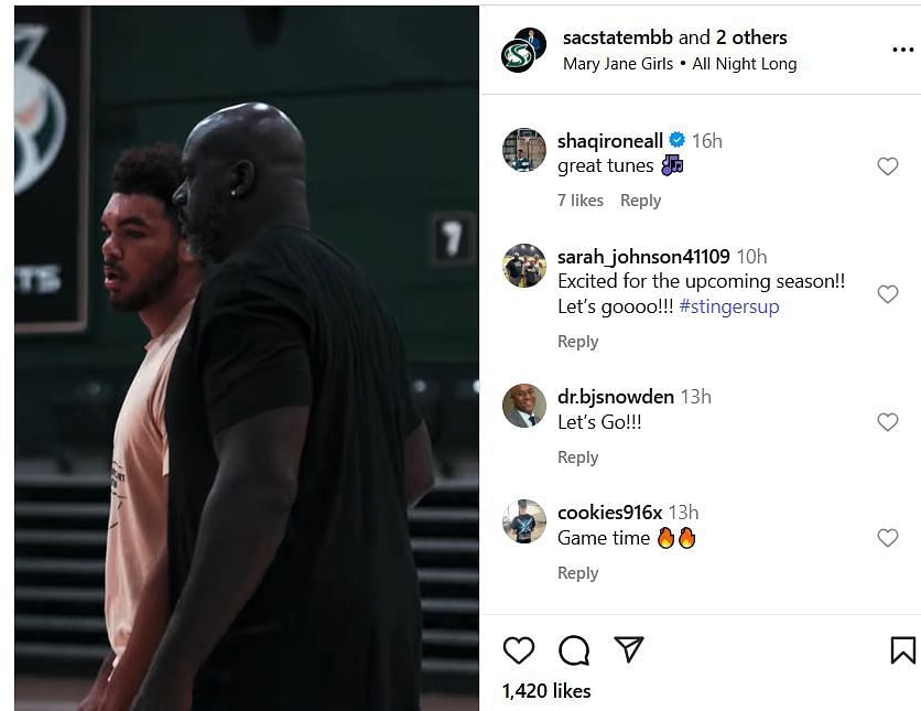 Shaqir O'Neal drops a comment on Sacramento State's IG post. Image via @sacstatembb